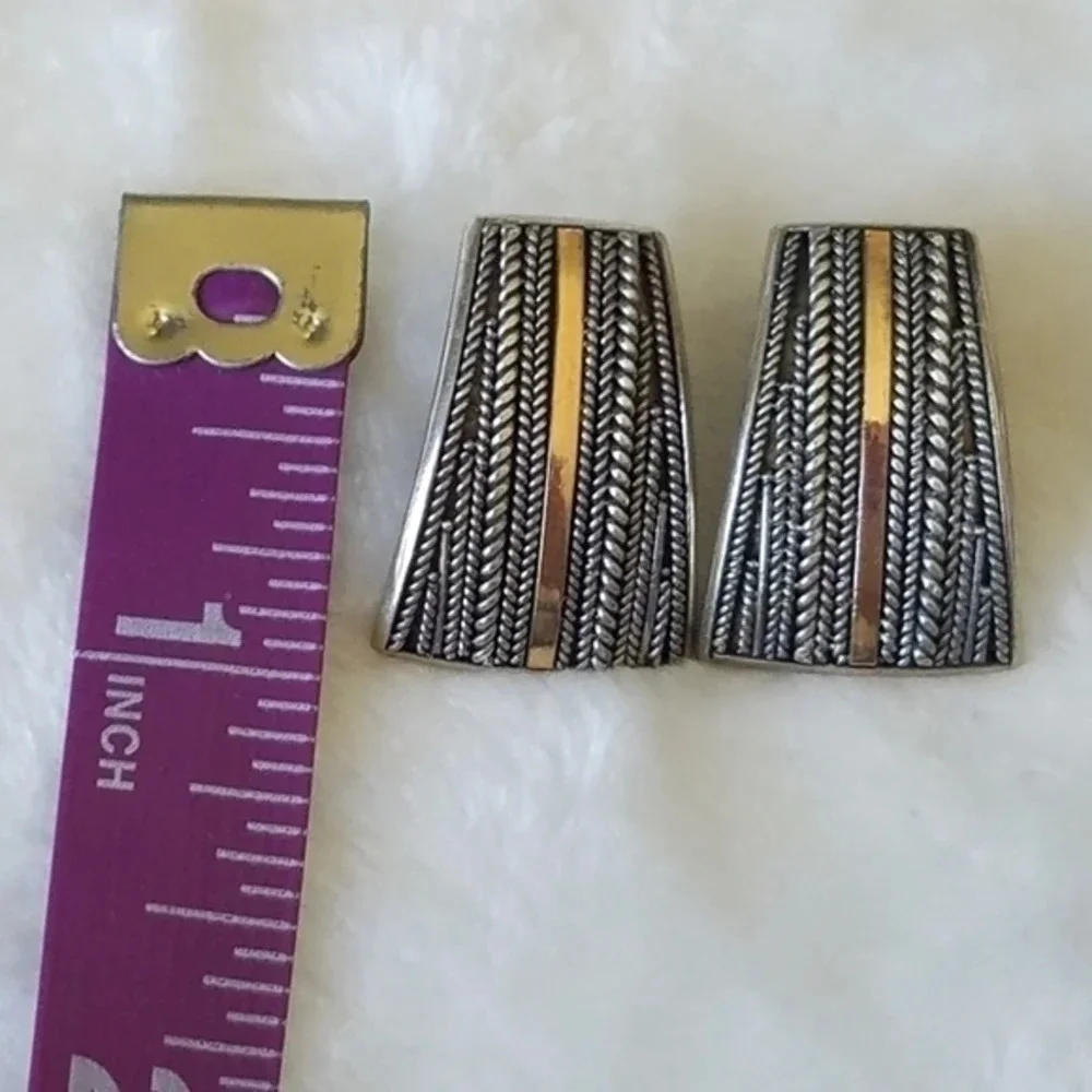 Vintage 1980s Modernist Southwest Artisan Sterling Earrings Mixed Metal